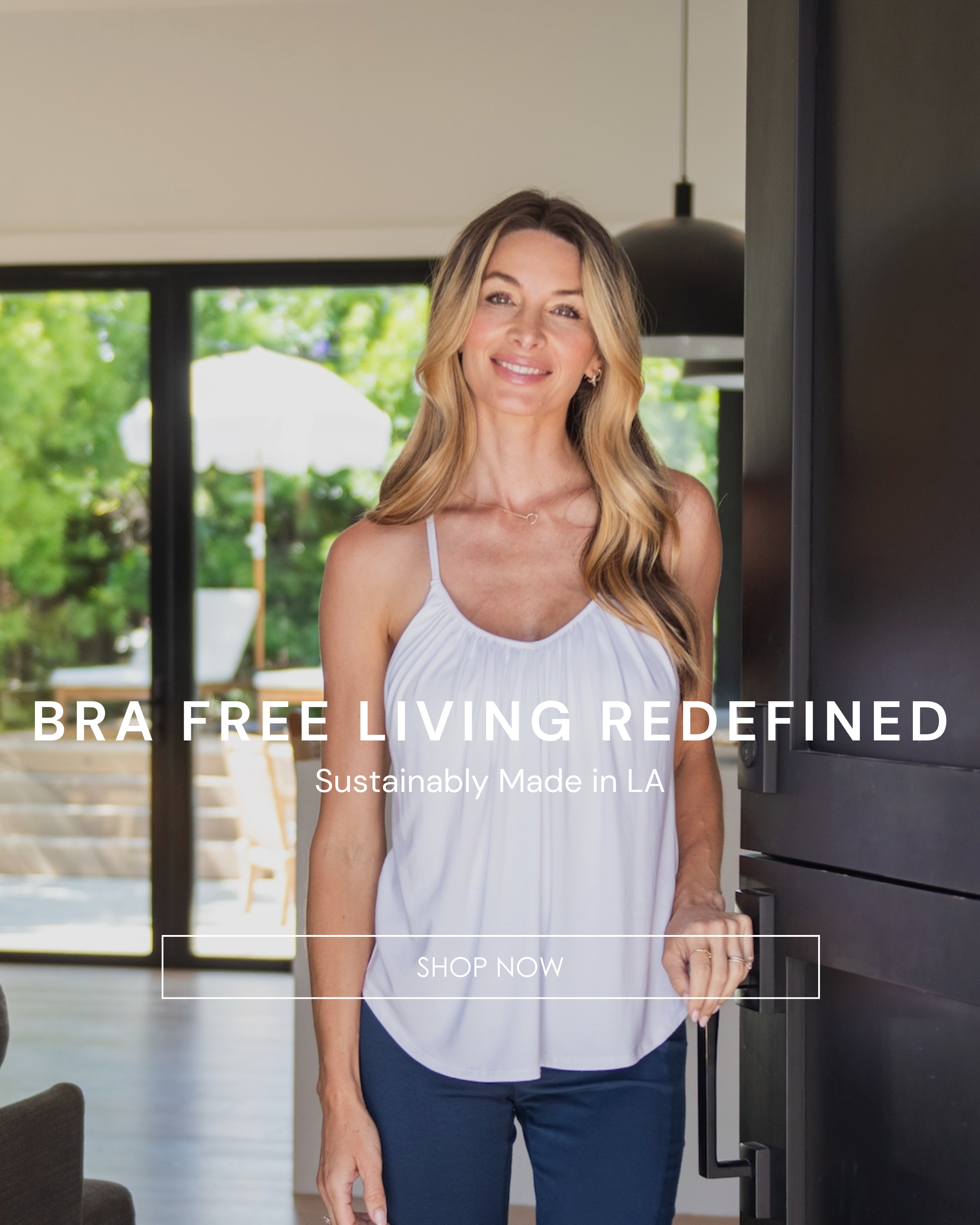 Woman at front door wearing white bra free Slumber Party Top